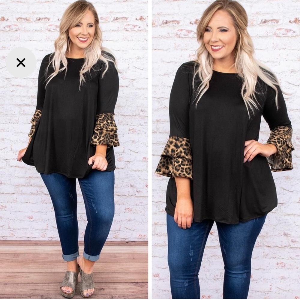 Chic Soul Nobody’s Perfect Black Tunic Leopard Flutter Sleeves Women’s 1X